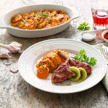 Produktbild fr 'Skartoffel-Gratin mit Lammkoteletts und Kiwi'