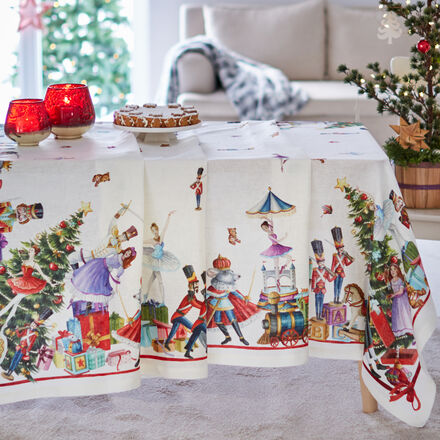 Produktbild fr 'Noble Leinen-Tischdecke mit weihnachtlichen Nussknacker-Motiven, Tischdecke, Tafeldecke, Tischwsche, Tischlufer'